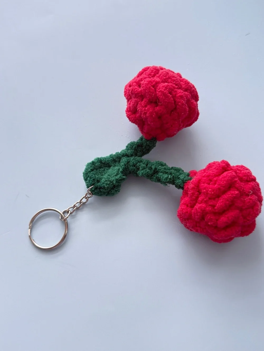 Handmade Crochet Cherry Keychain – Chenille Yarn Bag Charm